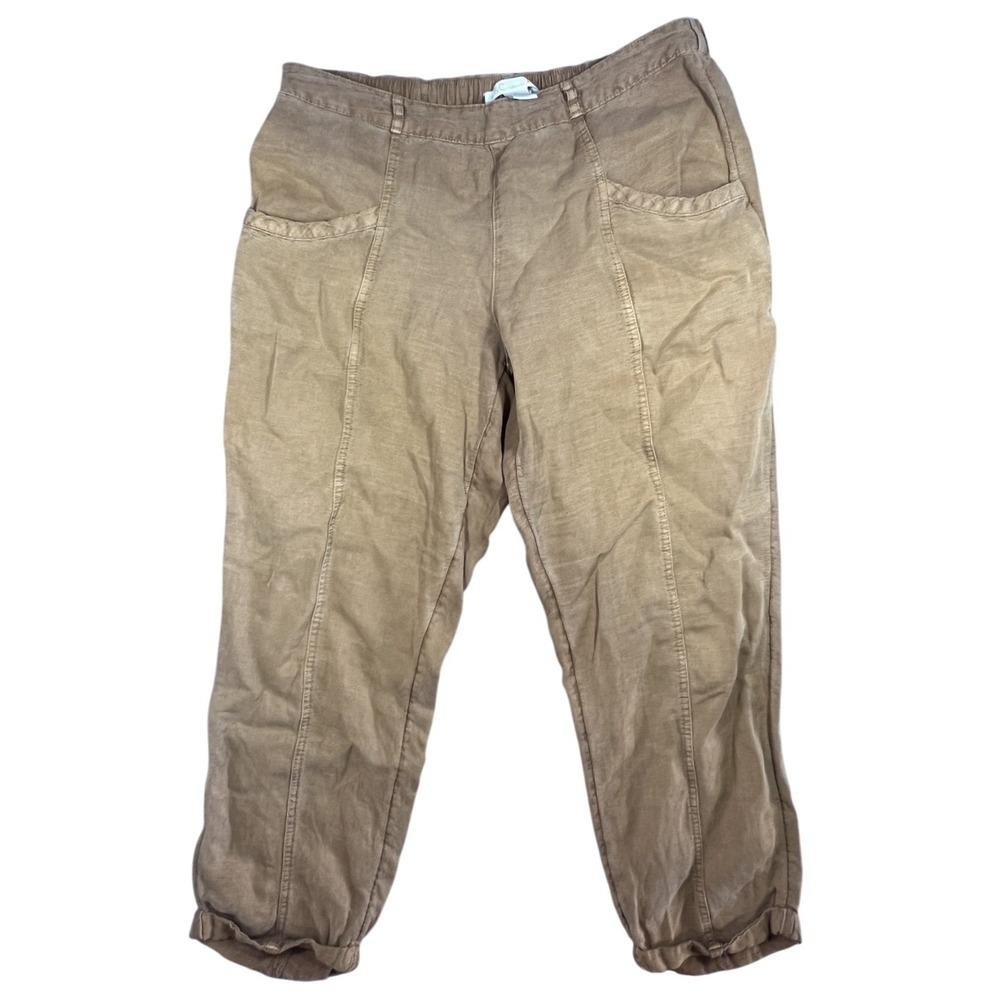 C&C‎ California Women's Large L Linen Blend Cropped Pants Brown Elastic Waist
